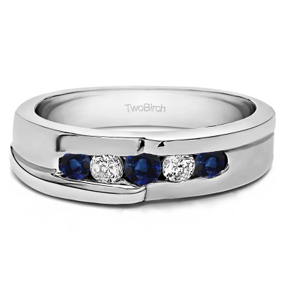 0.25 Ct. Sapphire and Diamond Five Stone Twisted Channel Set Men's Wedding Band