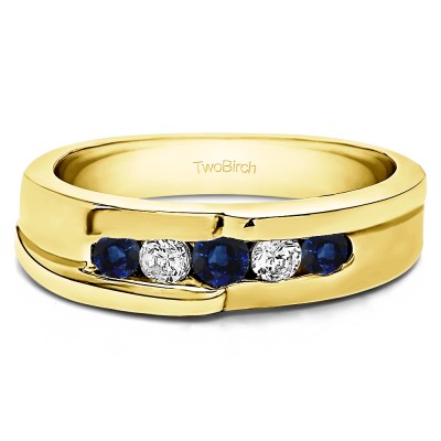 0.25 Ct. Sapphire and Diamond Five Stone Twisted Channel Set Men's Wedding Band in Yellow Gold