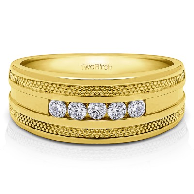 0.25 Ct. Five Stone Channel Set Men's Wedding Ring with Millgrained Edges in Yellow Gold