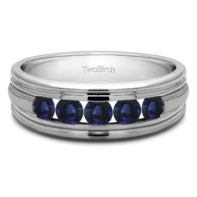0.5 Ct. Sapphire Five Stone Channel Set Men's Wedding Band with Ribbed Shank