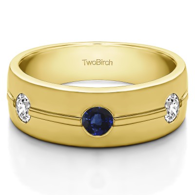 0.5 Ct. Sapphire and Diamond Three Stone Burnished Men's Wedding Ring With Ribbed Design in Yellow Gold