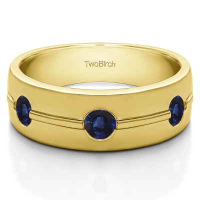 0.5 Ct. Sapphire Three Stone Burnished Men's Wedding Ring With Ribbed Design in Yellow Gold