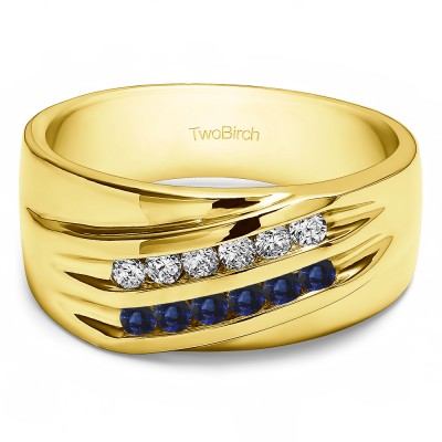 0.24 Ct. Sapphire and Diamond Double Row Channel Set Men's Wedding Band in Yellow Gold