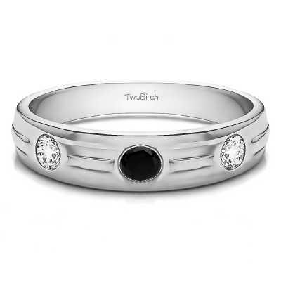 0.48 Ct. Black and White Stone Burnished Three Stone Men's Wedding Ring with Ribbed Shank