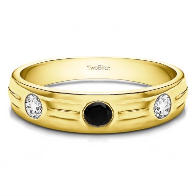0.48 Ct. Black and White Stone Burnished Three Stone Men's Wedding Ring with Ribbed Shank in Yellow Gold