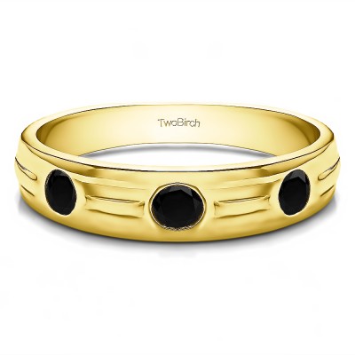 0.48 Ct. Black Stone Burnished Three Stone Men's Wedding Ring with Ribbed Shank in Yellow Gold