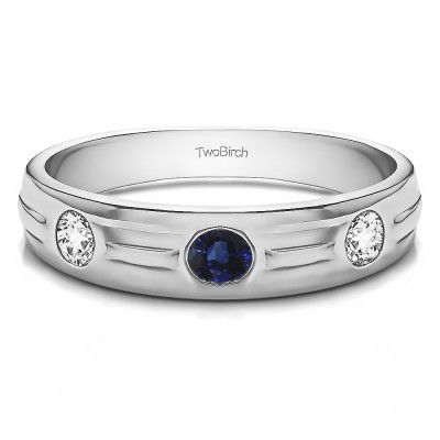 0.48 Ct. Sapphire and Diamond Burnished Three Stone Men's Wedding Ring with Ribbed Shank