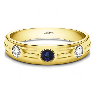 0.48 Ct. Sapphire and Diamond Burnished Three Stone Men's Wedding Ring with Ribbed Shank in Yellow Gold