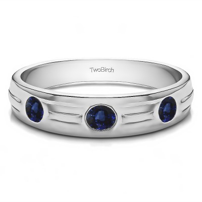 0.48 Ct. Sapphire Burnished Three Stone Men's Wedding Ring with Ribbed Shank