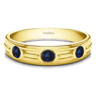 0.48 Ct. Sapphire Burnished Three Stone Men's Wedding Ring with Ribbed Shank in Yellow Gold