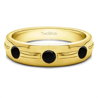 0.35 Ct. Black Three Stone Burnished Men's Wedding Ring With Ribbed Band in Yellow Gold