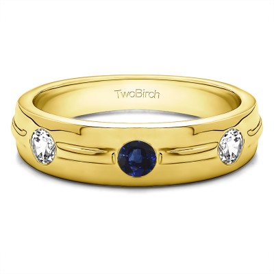 0.35 Ct. Sapphire and Diamond Three Stone Burnished Men's Wedding Ring With Ribbed Band in Yellow Gold