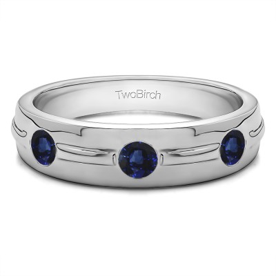0.35 Ct. Sapphire Three Stone Burnished Men's Wedding Ring With Ribbed Band