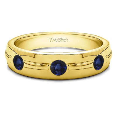 0.35 Ct. Sapphire Three Stone Burnished Men's Wedding Ring With Ribbed Band in Yellow Gold