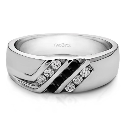 0.32 Ct. Black and White Stone Triple Row Channel Set Men's Wedding Ring with Twisted Shank