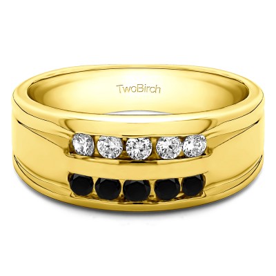 0.5 Ct. Black and White Stone Double Row Ten Stone Channel Set Men's Wedding Band in Yellow Gold