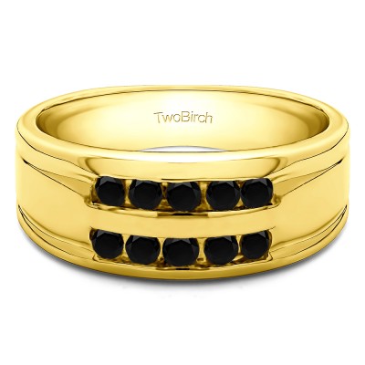 0.25 Ct. Black Stone Double Row Ten Stone Channel Set Men's Wedding Band in Yellow Gold