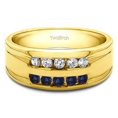 0.25 Ct. Sapphire and Diamond Double Row Ten Stone Channel Set Men's Wedding Band in Yellow Gold