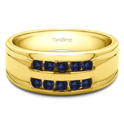 0.75 Ct. Sapphire Double Row Ten Stone Channel Set Men's Wedding Band in Yellow Gold