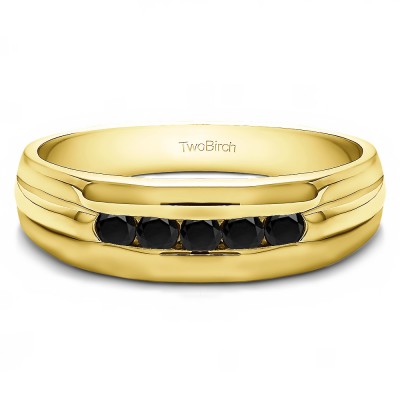 0.5 Ct. Black Five Stone Channel Set Men's Wedding Ring with Ribbed Design in Yellow Gold
