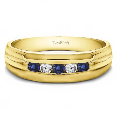 0.5 Ct. Sapphire and Diamond Five Stone Channel Set Men's Wedding Ring with Ribbed Design in Yellow Gold