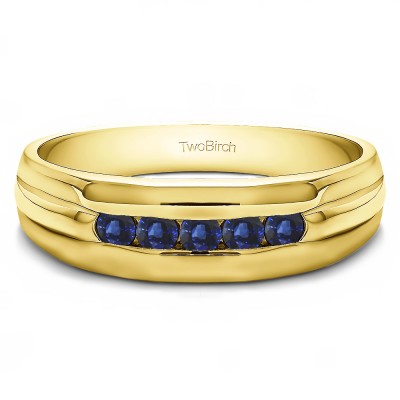 0.5 Ct. Sapphire Five Stone Channel Set Men's Wedding Ring with Ribbed Design in Yellow Gold
