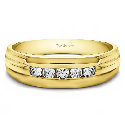 0.5 Ct. Five Stone Channel Set Men's Wedding Ring with Ribbed Design in Yellow Gold