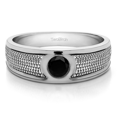0.38 Ct. Black Stone Solitaire Burnished Men's Wedding Ring with Designed Band