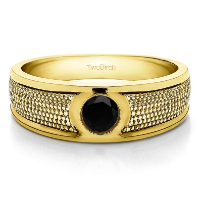 0.25 Ct. Black Stone Solitaire Burnished Men's Wedding Ring with Designed Band in Yellow Gold