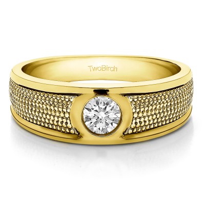 0.38 Ct. Solitaire Burnished Men's Wedding Ring with Designed Band in Yellow Gold