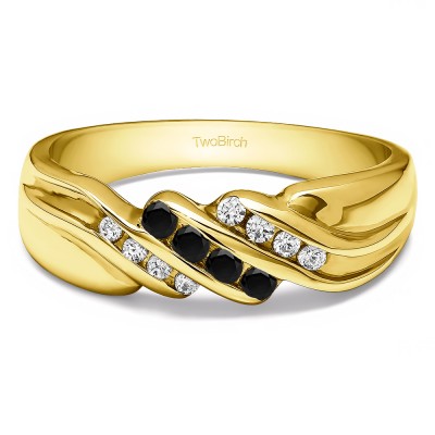 0.32 Ct. Black and White Stone Triple Row Channel Set Men's Wedding Ring with Twisted Shank in Yellow Gold