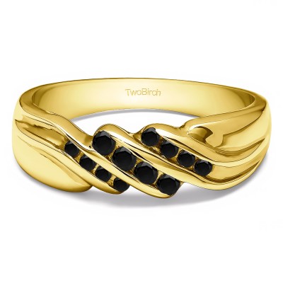 0.32 Ct. Black Stone Triple Row Channel Set Men's Wedding Ring with Twisted Shank in Yellow Gold