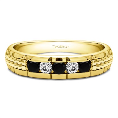 0.36 Ct. Black and White Five Stone Channel Set Men's Wedding Ring with Braided Shank in Yellow Gold