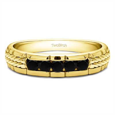 0.36 Ct. Black Five Stone Channel Set Men's Wedding Ring with Braided Shank in Yellow Gold
