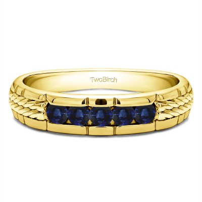 0.36 Ct. Sapphire Five Stone Channel Set Men's Wedding Ring with Braided Shank in Yellow Gold