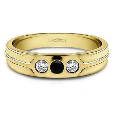 0.33 Ct. Black and White Three Stone Burnished Designer Shank Men's Wedding Ring in Yellow Gold