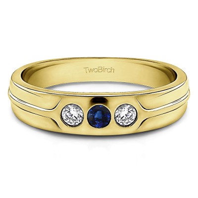 0.33 Ct. Sapphire and Diamond Three Stone Burnished Designer Shank Men's Wedding Ring in Yellow Gold