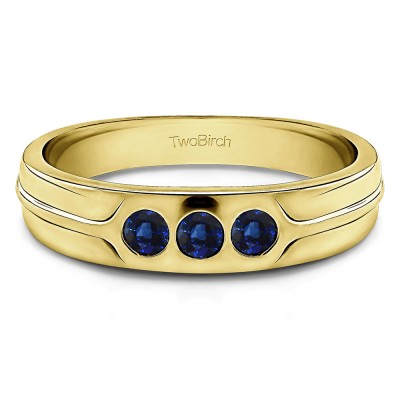 0.33 Ct. Sapphire Three Stone Burnished Designer Shank Men's Wedding Ring in Yellow Gold