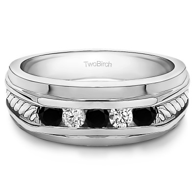 0.5 Ct. Black and White Five Stone Channel Set Men's Wedding Ring with Braided Shank