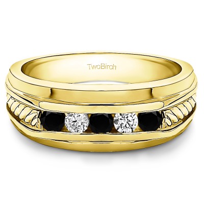 0.25 Ct. Black and White Five Stone Channel Set Men's Wedding Ring with Braided Shank in Yellow Gold