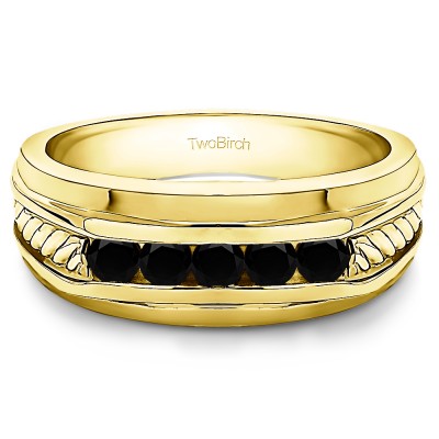 0.5 Ct. Black Five Stone Channel Set Men's Wedding Ring with Braided Shank in Yellow Gold