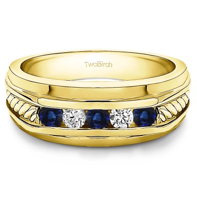 0.5 Ct. Sapphire and Diamond Five Stone Channel Set Men's Wedding Ring with Braided Shank in Yellow Gold