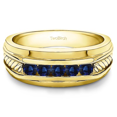 0.5 Ct. Sapphire Five Stone Channel Set Men's Wedding Ring with Braided Shank in Yellow Gold