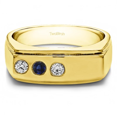 0.5 Ct. Sapphire and Diamond Three Stone Burnished Flat Top Men's Ring in Yellow Gold