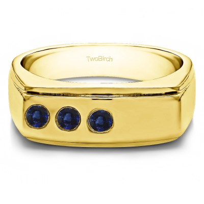 0.36 Ct. Sapphire Three Stone Burnished Flat Top Men's Ring in Yellow Gold