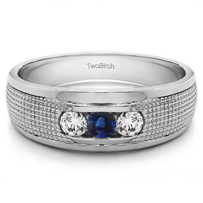 0.5 Ct. Sapphire and Diamond Three Stone Channel Set Engraved Shank Men's Ring