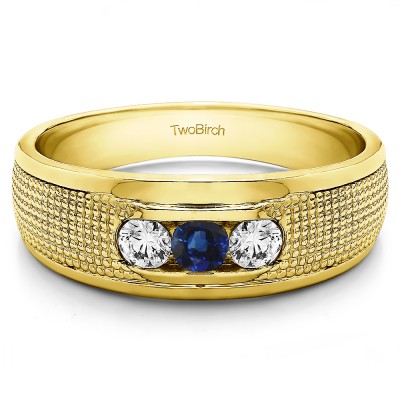 0.5 Ct. Sapphire and Diamond Three Stone Channel Set Engraved Shank Men's Ring in Yellow Gold