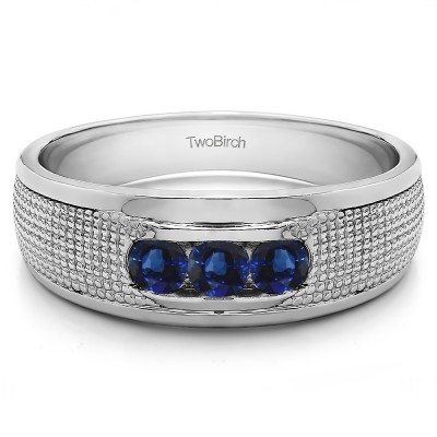 0.5 Ct. Sapphire Three Stone Channel Set Engraved Shank Men's Ring