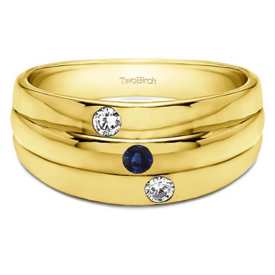 0.24 Ct. Sapphire and Diamond Burnished Three Stone Men's Wedding Ring in Yellow Gold