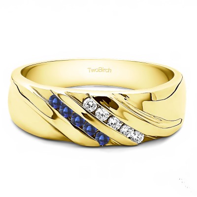 0.24 Ct. Sapphire and Diamond Double Row Channel Set Twisted Men's Ring in Yellow Gold